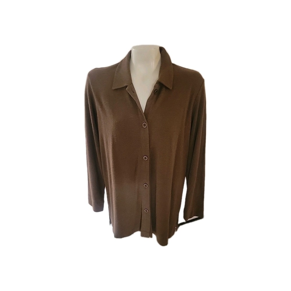 Liz Claiborne Liz & Co Womens Brown Button Front Long Sleeve Top officecore cozy